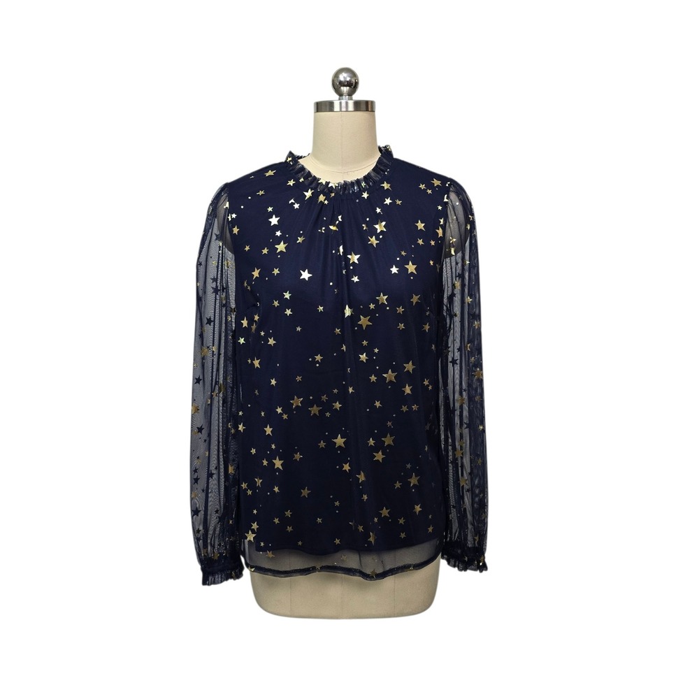 Boden Navy Gold Star Mesh Blouse‎ Sheer Sleeve Ruffle Neck Top T1704 US Size 10